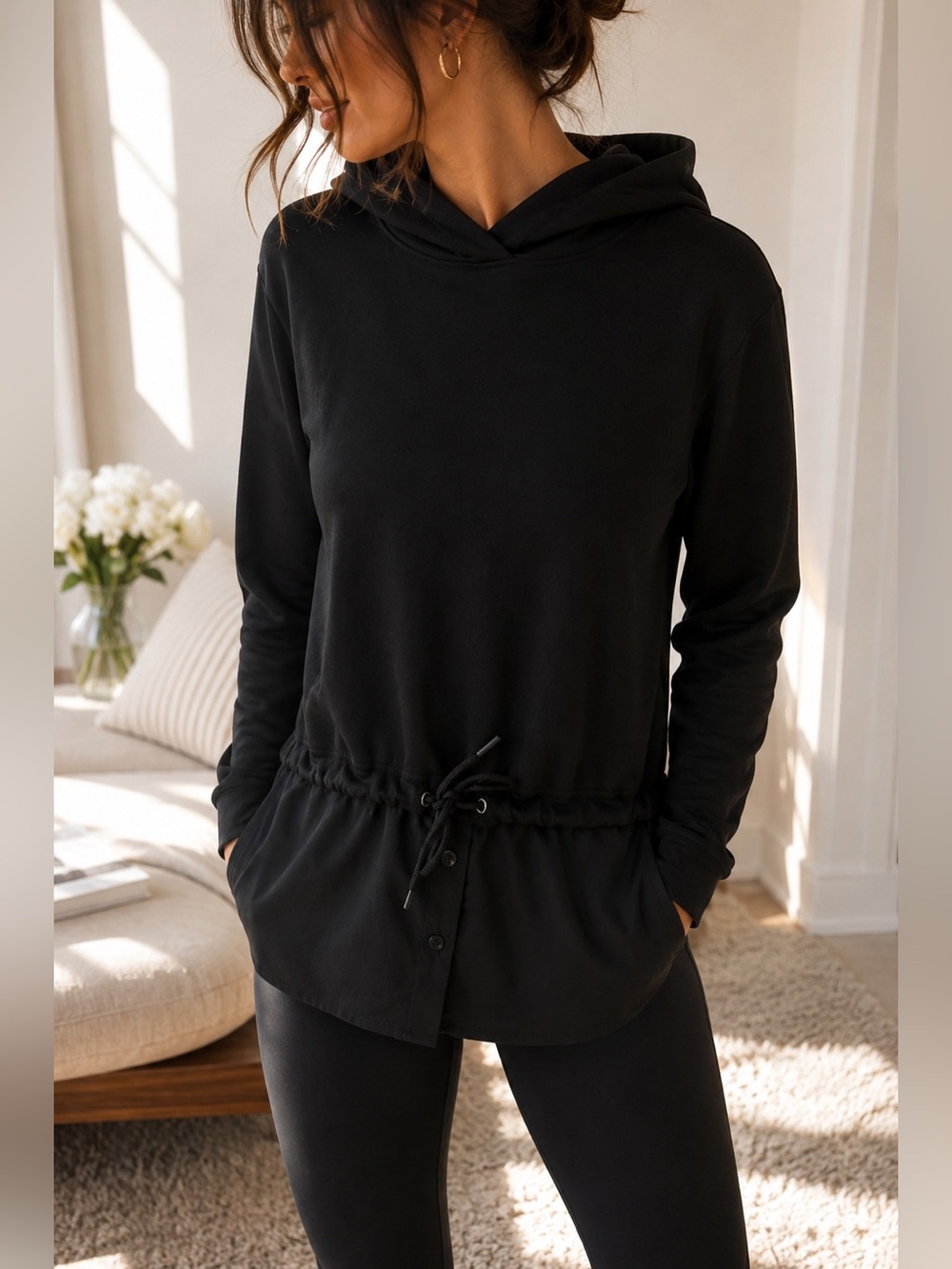 Athleta Black Hooded Tunic Pullover | Size Small | Cinch Waist Active Hoodie